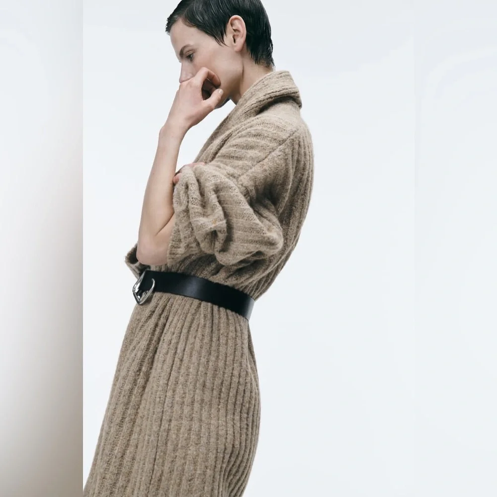 Zara Beige Rib Knit Coat - Picture 7 of 12